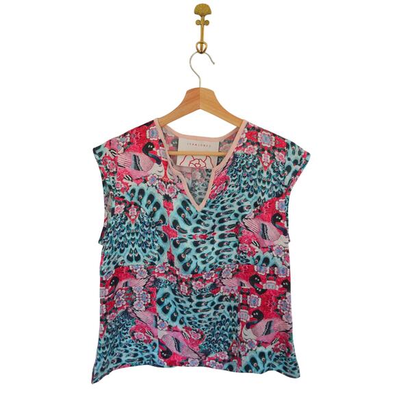 Vintage Tops - Silk Boho Floral Y2k Peacock Print Top